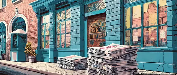 art deco-ish view of stack of newspapers on sidewalk in front of brick storefront