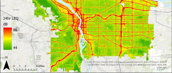 24-hour LEQ sound level map illustrating urban noise pollution, with red zones identifying high-impact traffic corridors peaking at 86 dB.