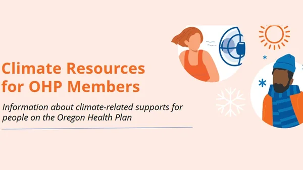 An illustration depicting climate resources for OHP members, including a person using a fan, a sun icon, and a person wearing winter clothing.