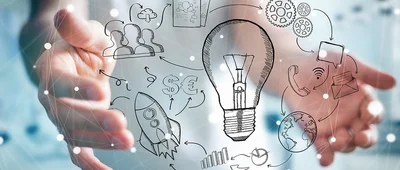 Sketch-style drawing of a lightbulb with various business and technology icons surrounding it, overlaid on blurred hands and a network of connected dots.