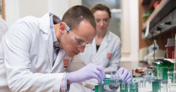 Two people in lab coats working with scientific equipment in a laboratory.