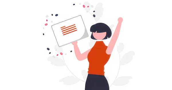 Stylized illustration of a person holding a document with horizontal lines, raising one arm in a celebratory pose, surrounded by abstract dots and shapes.