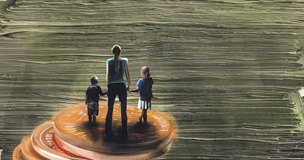 An adult and two children standing on a circular platform against a textured background with layered, wavy lines.