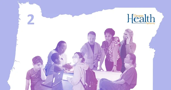 Group of people in medical or healthcare setting with Oregon Health Authority logo, silhouetted in purple and white tones against an outline of Oregon state.