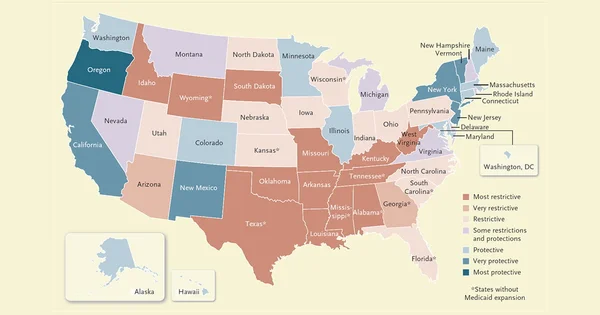Map of the United States showing state-level restrictions or protections, with color-coded legend.