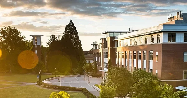 Modern campus buildings with trees and walkways at sunrise, with lens flare in foreground