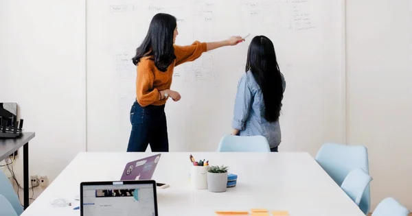 Two people standing in front of a whiteboard in an office setting, with a laptop and desk items in the foreground.