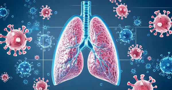 A detailed 3D depicting the rapid growth and spread of metastatic lung cancer driven by an accelerating viral mutation