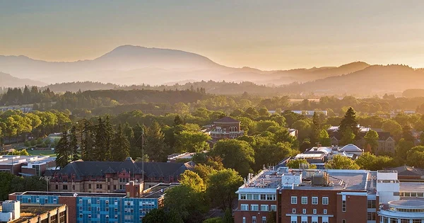 A wide shot of a university campus surrounded by forests and mountains, representing the beauty of the university's location.