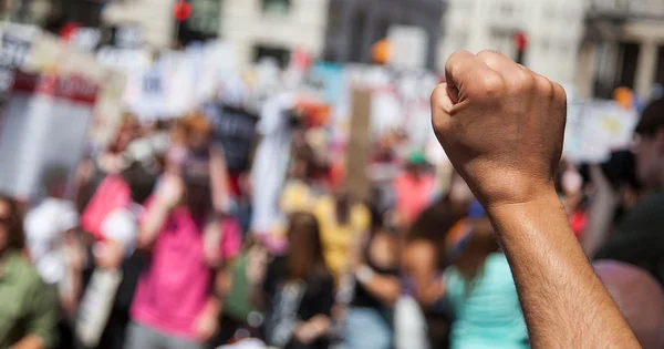 A raised fist over a crowd of demonstrators, symbolizing social justice, activism, and resistance.