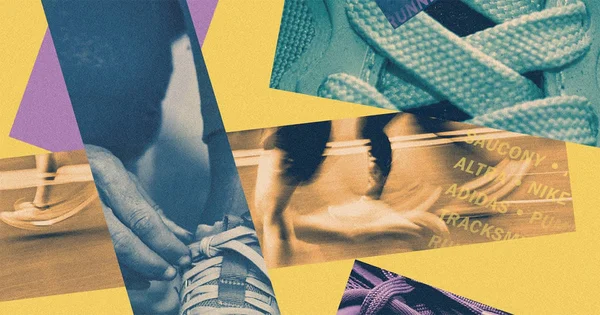 bstract collage of athletic shoe imagery, featuring segmented views of running shoes, a person tying a lace, and a runner in motion, all overlaid with yellow, blue, and purple color filters.
