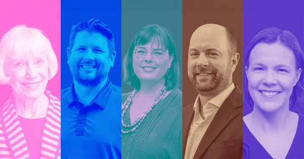 A five-panel collage of smiling headshots, each photo overlaid with a distinct, bright color filter, featuring three women and two men.