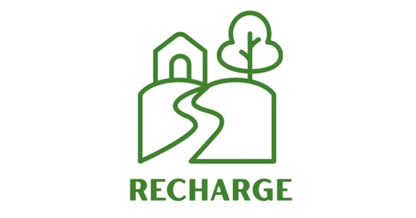 Logo for RECHARGE. The graphic shows a green outline of a path leading to a small building and a single tree.