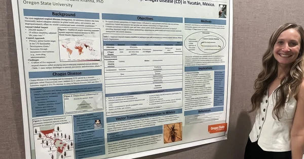 A smiling female researcher stands next to a large academic poster detailing research on Chagas disease (CD) in Yucatán, Mexico.