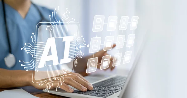 A professional interacts with a digital interface that organizes medical data and files using AI technology, representing modern healthcare innovation.