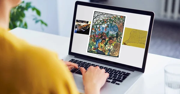 A student interacting with a digital learning platform that features cultural and community-focused artwork, illustrating the intersection of technology and collaborative health education.