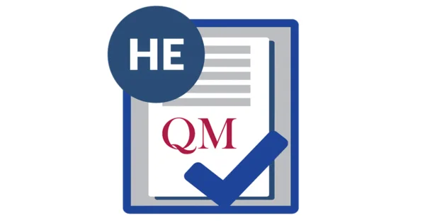 HE QM logo: Checklist with checkmark. Blue circle with white 'HE', and red 'QM' on the checklist.