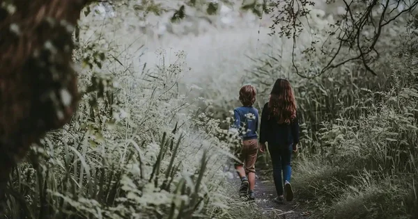 A young boy and girl exploring a dense woodland trail, capturing a sense of childhood adventure and curiosity.