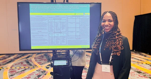 Tosin Alabi presents research on the Virtual SYNC Curriculum for youth transitioning from care during an academic poster session at a conference.