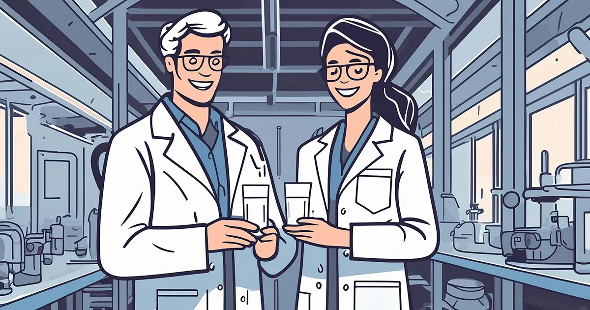 Two scientists in a laboratory setting, smiling and holding glassware.