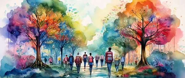watercolor of students walking across campus