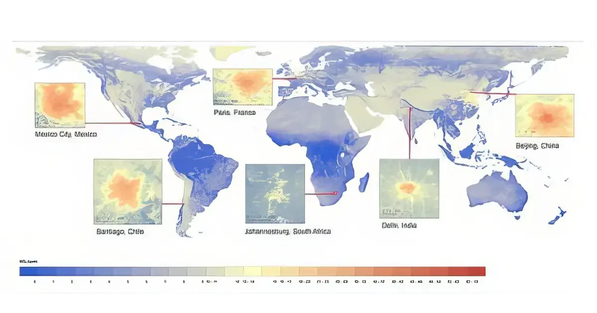 A world map with labeled regions and a color scale.