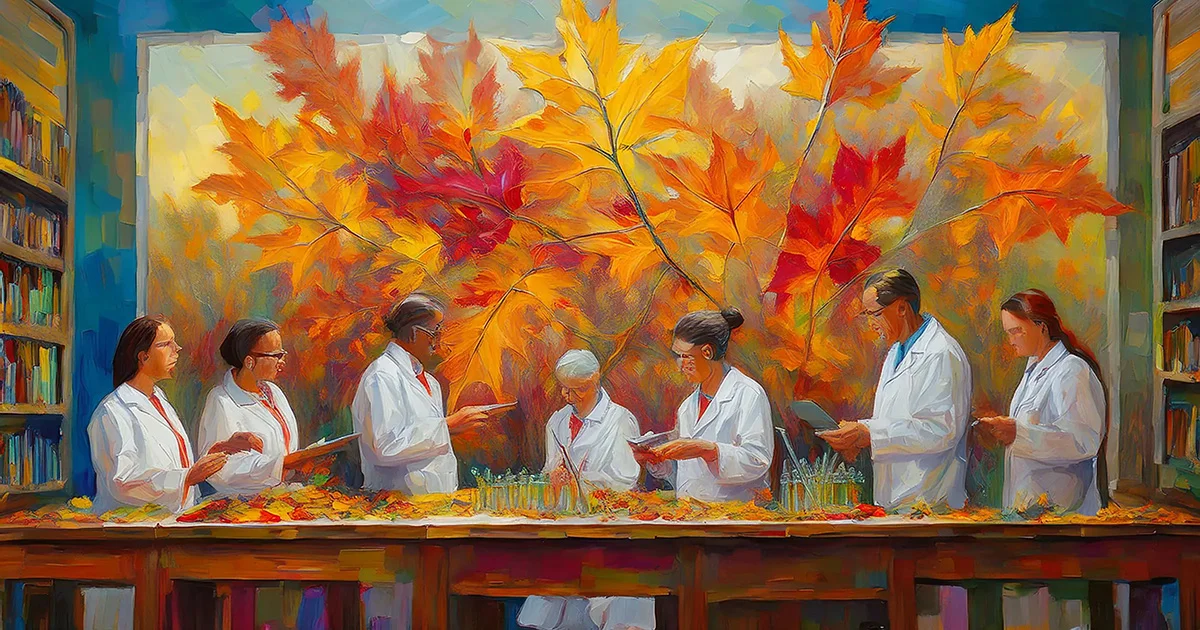 A group of people in white lab coats working together in a laboratory setting, with a colorful autumn landscape visible through the window behind them.