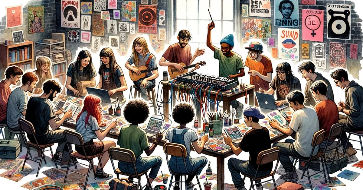 A crowded art studio with people working on various creative projects.