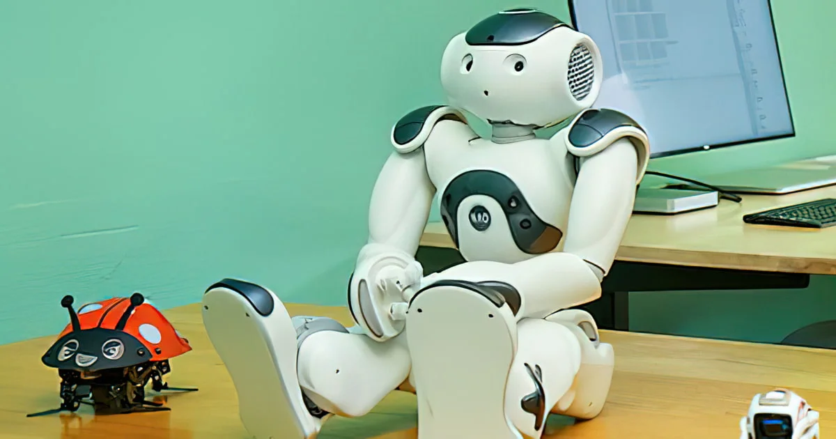 White humanoid robot sitting at a desk with a small red robot and another small white robot nearby.