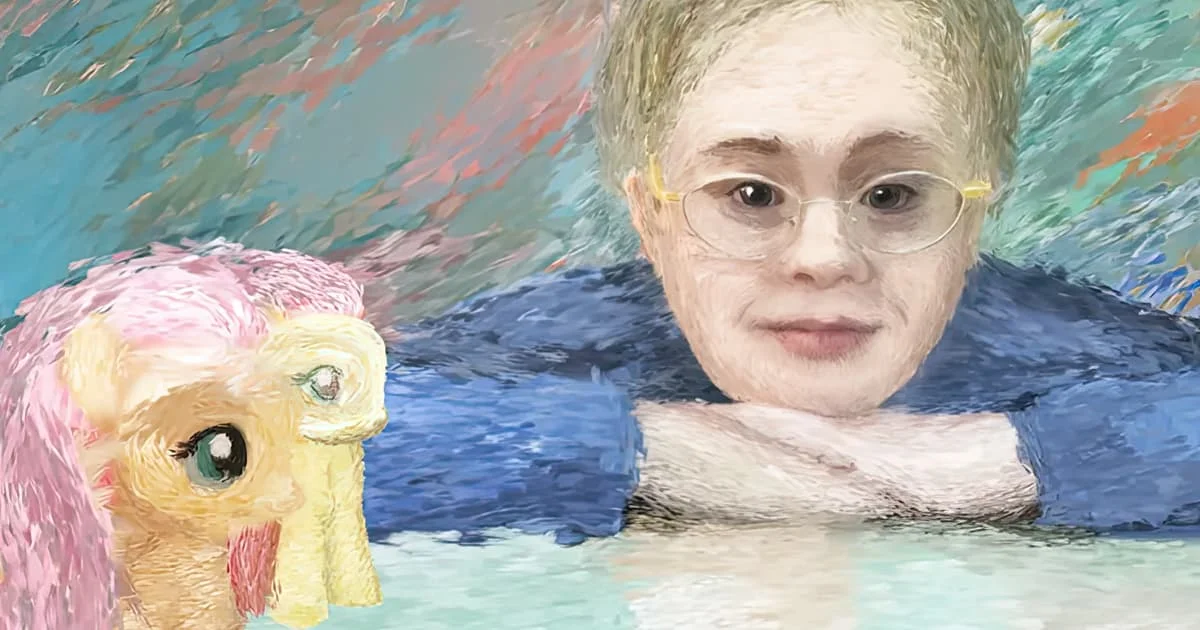 Artistic painting of a person with glasses and a colorful cartoon-like creature in a watery, impressionistic background.