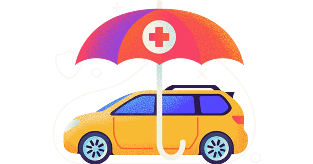  Yellow and blue minivan under a colorful medical umbrella with a red cross symbol.