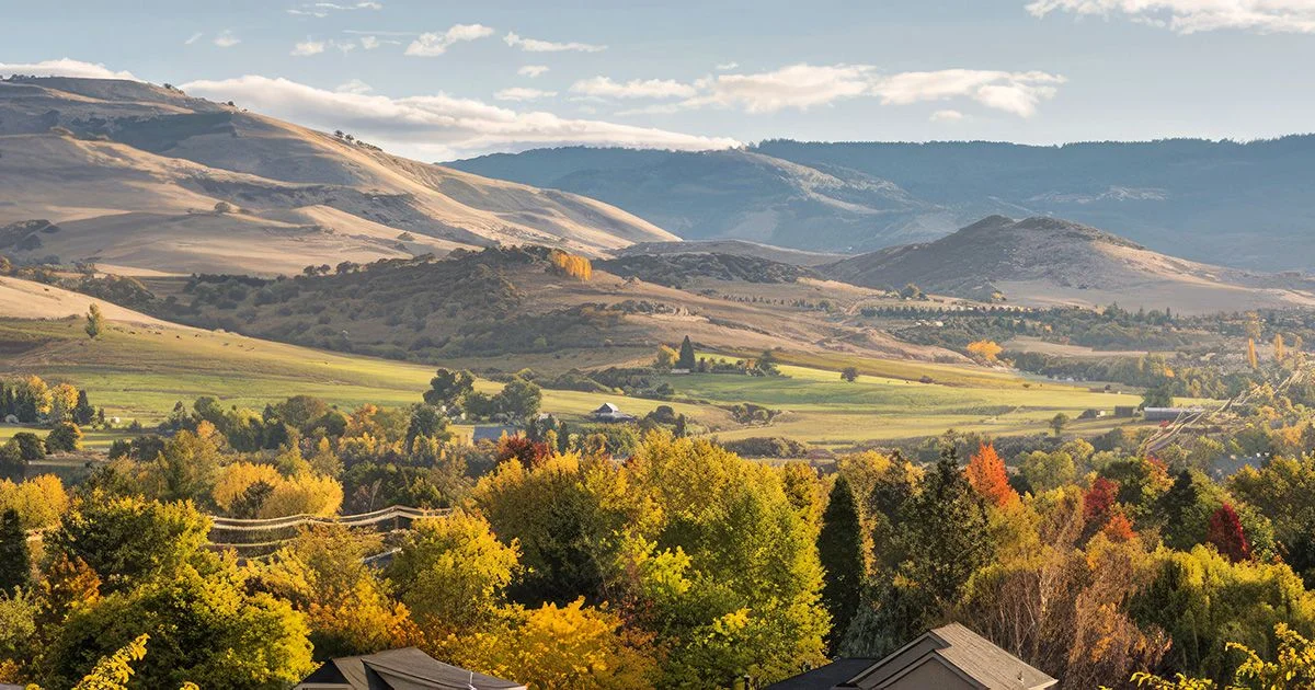 Scenic autumn landscape with rolling hills, trees in fall colors, and distant mountains under a cloudy sky.
