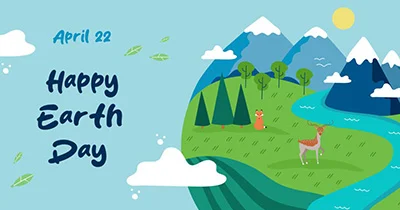 Cartoon landscape with mountains, trees, a river, and a deer, celebrating Earth Day on April 22
