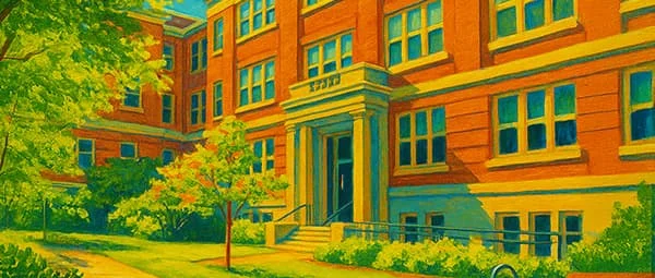 Large multi-story brick building with many windows, surrounded by trees and a grassy lawn, rendered in vibrant yellow, orange, and green tones.