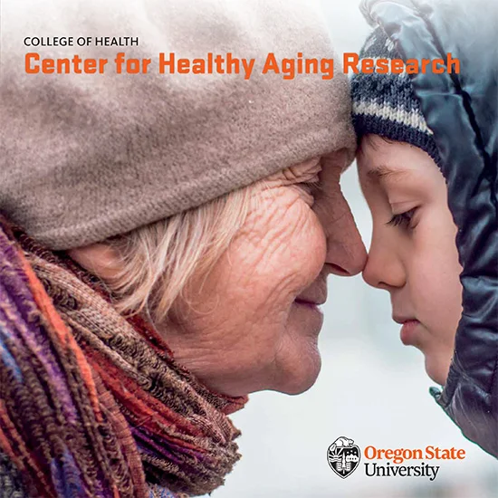 Image for the Center for Healthy Aging Research, showing a tender moment between an elderly individual and a child, symbolizing intergenerational connection and care.