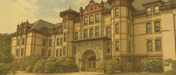 An exterior view of Waldo Hall, a multi-story, light-colored building with dark trim, prominent turrets, and an ornate entryway marked "Waldo Hall."