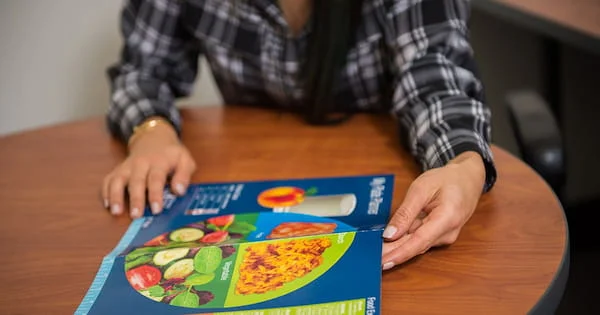 A person reviewing a nutrition or dietary brochure, illustrating a consultation or educational activity related to dietetics and healthy eating.