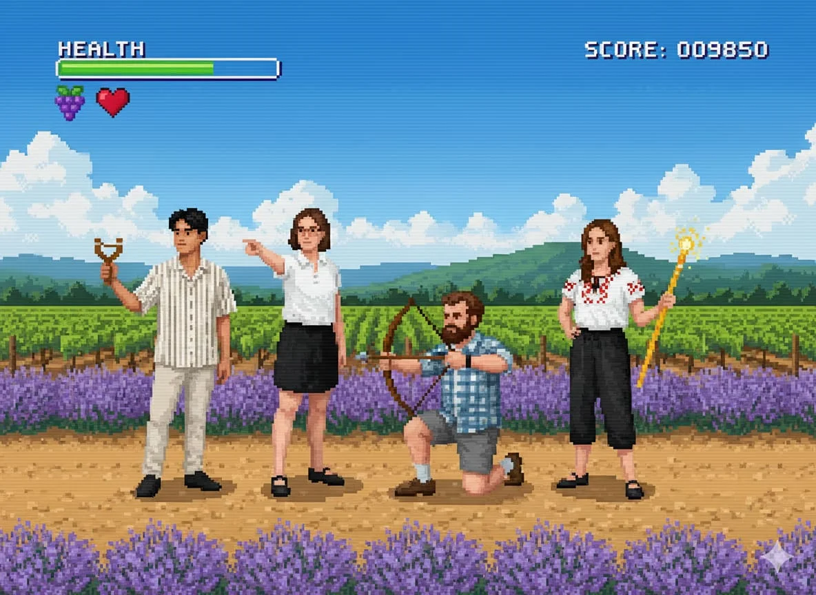 Pixel art illustration in a 16-bit video game style, showing four diverse team members posing in a lavender and vineyard field. One holds a slingshot, one points, one kneels with a bow and arrow, and one holds a glowing staff.