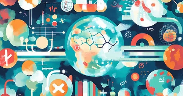 Vibrant, abstract illustration using oranges, blues, and teals to depict the Earth and its interconnected systems, suggesting the global and environmental factors impacting health.