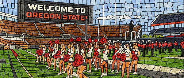 Stained-glass style illustration of a football stadium with cheerleaders on the field and a scoreboard displaying 'WELCOME TO OREGON STATE!' in white and orange text.