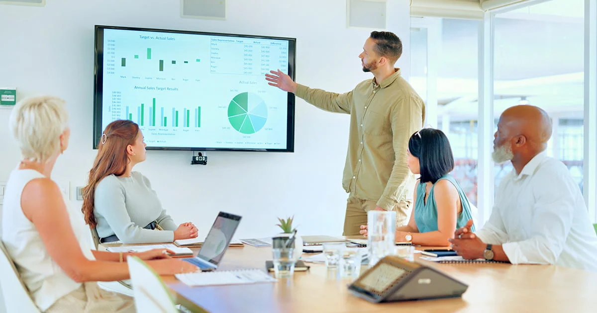 A presenter points to a large screen displaying business charts and sales data while conducting a meeting for four colleagues seated around a conference table.