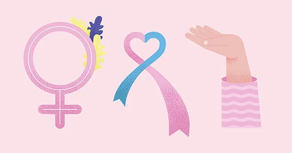 Graphic displaying three icons: a pink female symbol decorated with flowers, a blue and pink ribbon shaped like a heart, and a hand offering or receiving, symbolizing women's reproductive health and support.