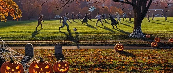Stylized illustration of a spooky, moonlit night in a park, where a group of people dressed in costumes are playing soccer. Jack-o'-lanterns, spiderwebs, and two tombstones are visible in the foreground.