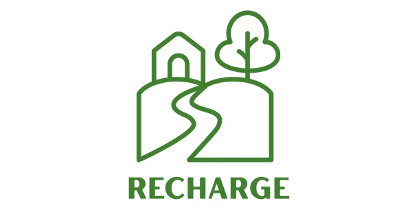Logo for RECHARGE. The graphic shows a green outline of a path leading to a small building and a single tree.