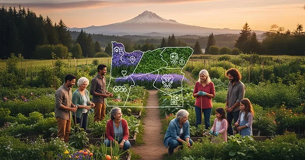 A diverse group of people in a garden, with a stylized map of Oregon and Mount Hood visible in the background.
