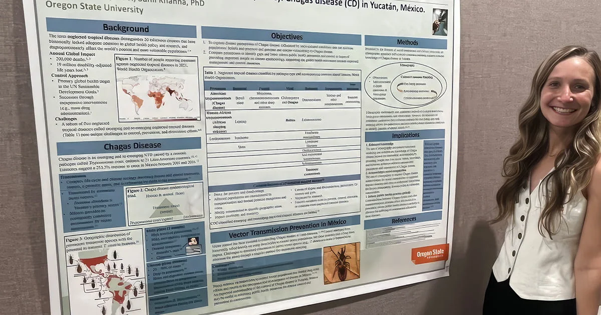 A smiling female researcher stands next to a large academic poster detailing research on Chagas disease (CD) in Yucatán, Mexico.