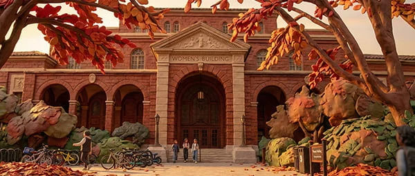A detailed miniature model or diorama of the brick Women's Building on campus, surrounded by trees with bright red and orange autumn foliage.