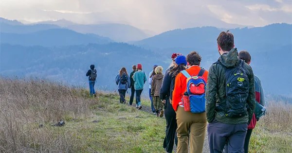 A group participating in an outdoor wellness activity, illustrating the connection between nature, physical health, and community well-being.
