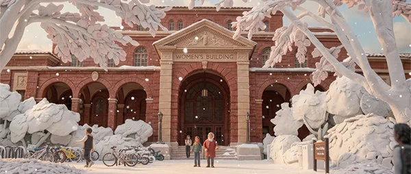 A whimsical winter scene at Oregon State University featuring the snow-covered Women's Building. Miniature figures and frost-covered trees create a peaceful, festive atmosphere for the December College of Health update.