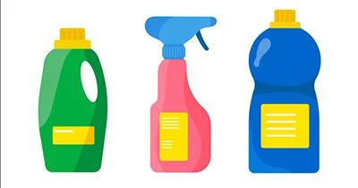 Illustration of common household cleaning supplies. Green detergent, pink spray bottle, and blue liquid cleanser.